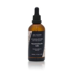 Bruine druppelflacon Bee Factor teunisbloemolie met zwart etiket, 100 ml.