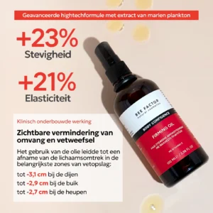 Fles Bee Factor Body Confidence Firming Oil van 100 ml naast oliedruppels en Nederlandse informatietekst.