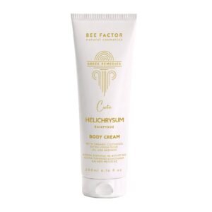 Witte tube Bee Factor bodycrème met helichrysum en goudgele opdruk, 200 ml.