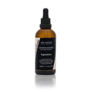Bruine druppelflacon Bee Factor wortelolie met zwart etiket, 100 ml.
